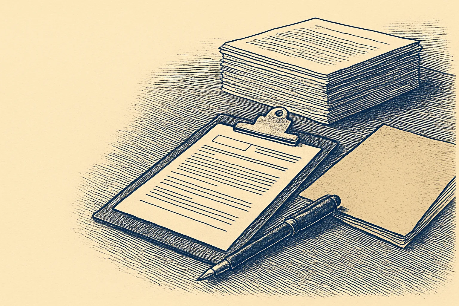A clipboard, a stack of forms, and a pen on a desk