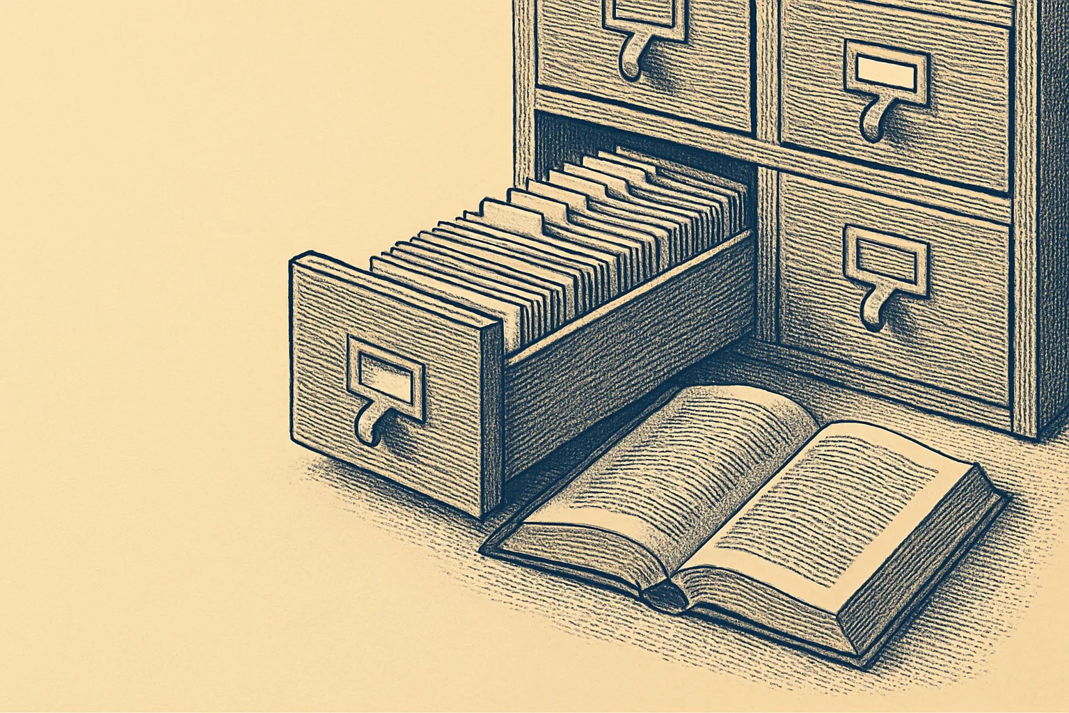 An open card catalog drawer beside an open reference book