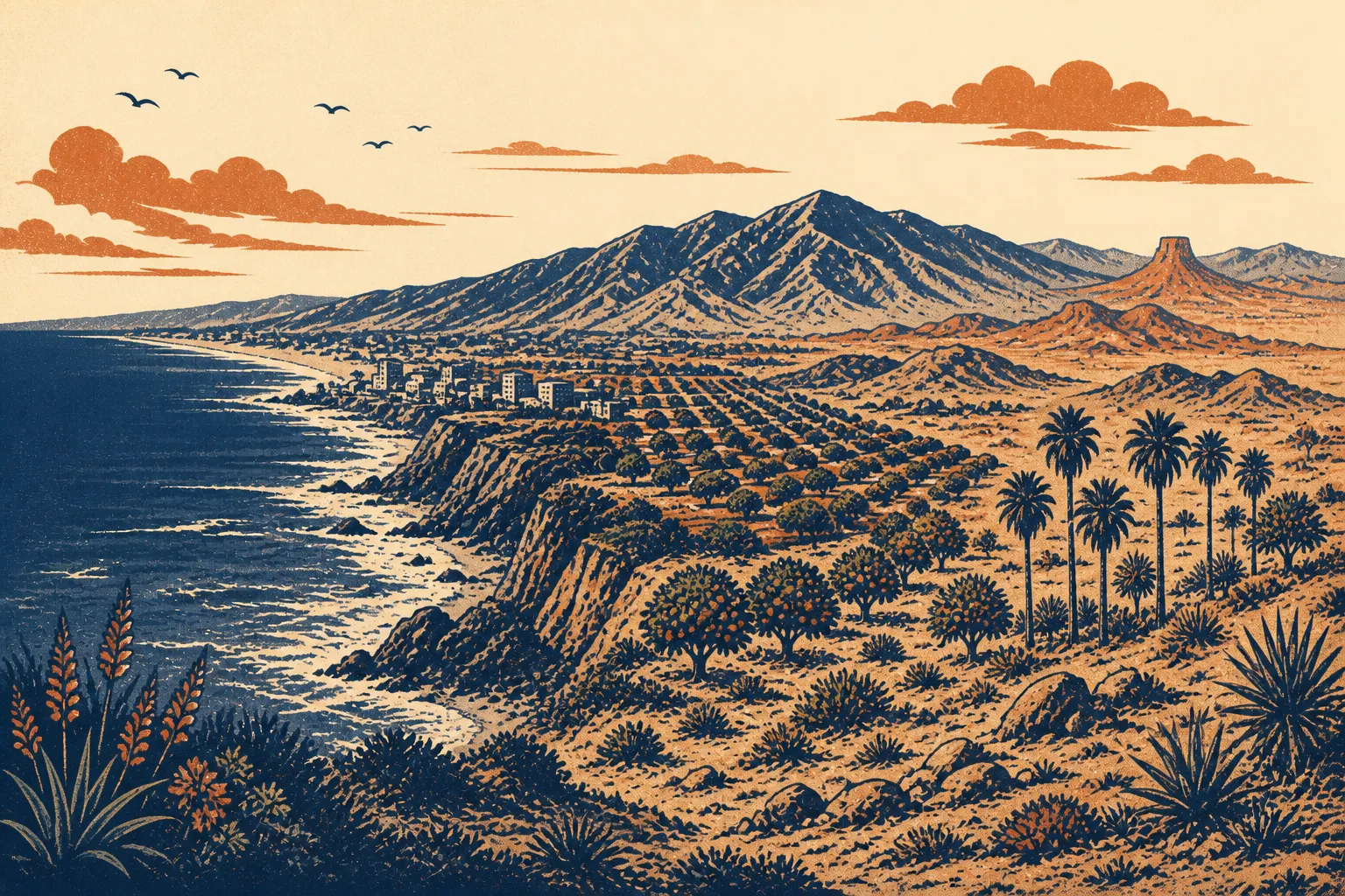A Southern California landscape extends from the Pacific coast through mountains to desert