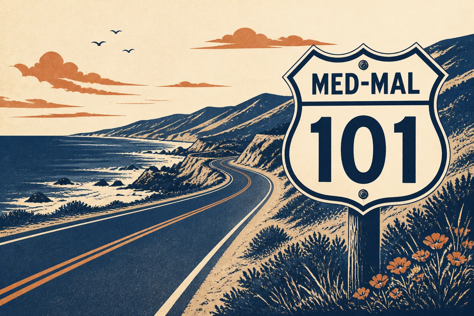A coastal highway curves past a MED-MAL 101 route sign