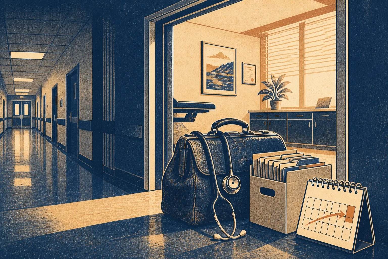 A physician's medical bag and files cross from a hospital corridor into a private office