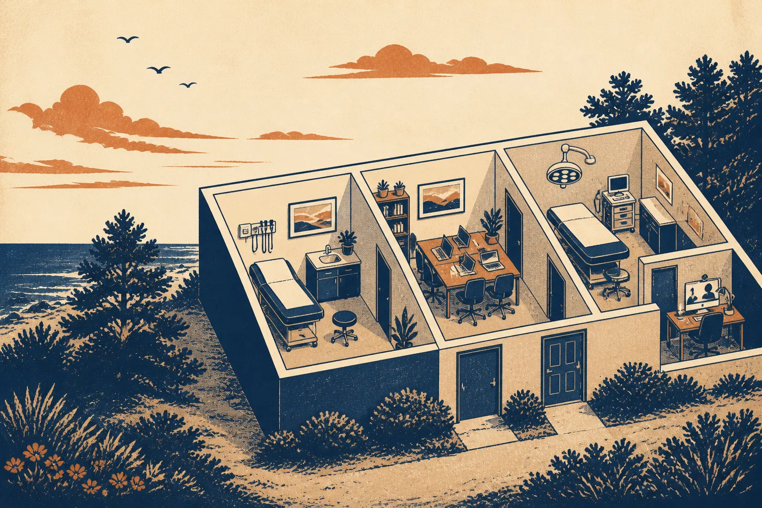 An open medical building shows an exam room, group workroom, procedure room, and telehealth office