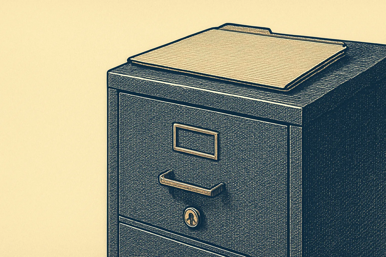 A locked filing cabinet drawer with a folder resting on top