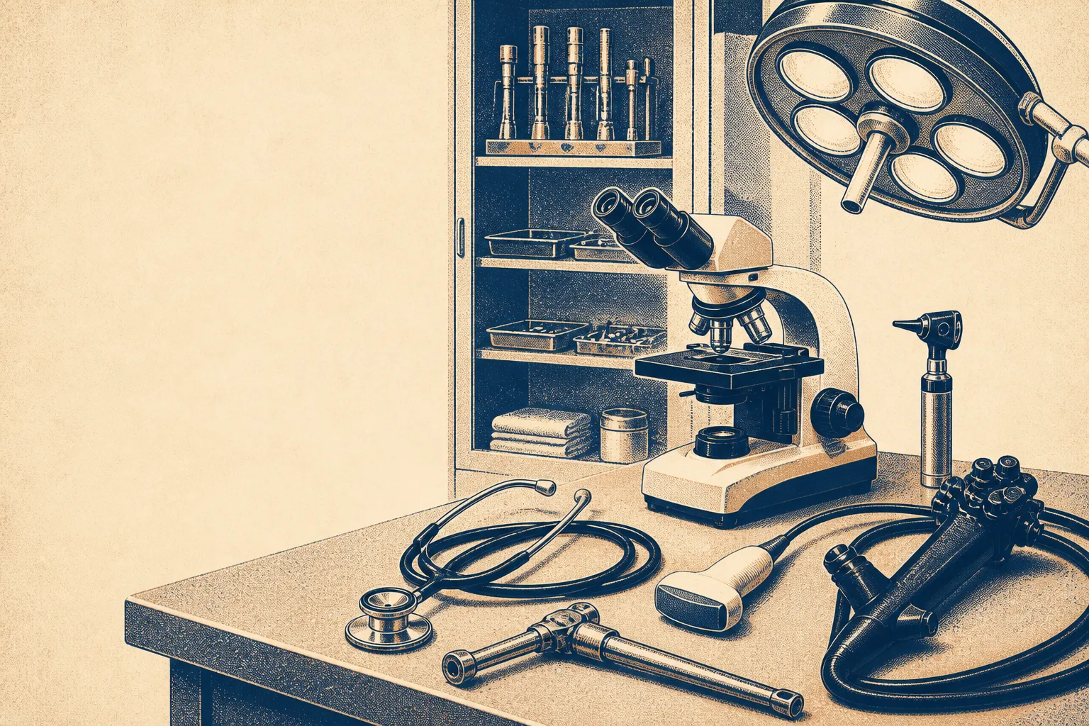 A clinical worktable holds instruments used across medical specialties